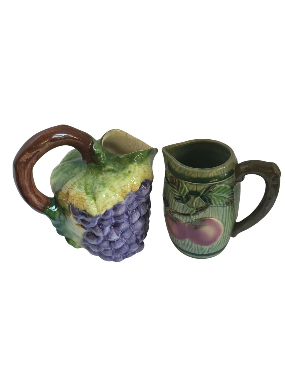 Two Vintage Majolica Pitchers Grape Portugal & Apple L&M Hand Painted